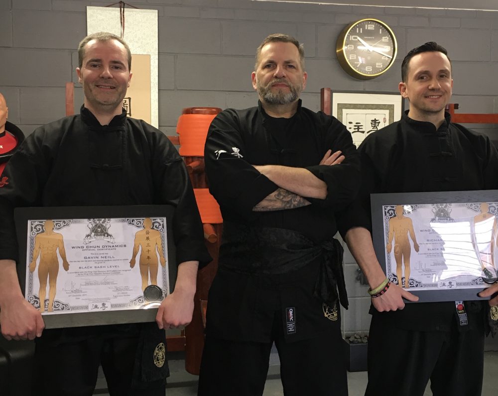 Black Belt candidates Gavin Neill and Richard Tiller pictured here with Master David Taylor